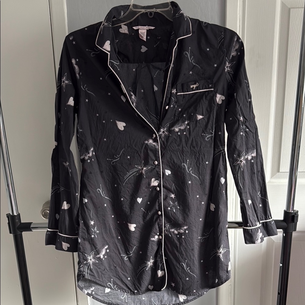 Black Pajama Top with Heart and Star Print